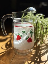 1983 Teleflora Strawberry Frosted Glass Pitcher Vintage Charm Cottage Decor picture