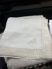 Vintage Ivory  Linen Square 5 Napkins Crochet Rose Trim picture