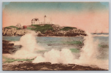 Nubble Light Lighthouse Ogunquit Beach Maine ME Hand Colored Postcard C16 picture