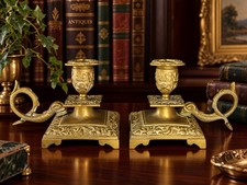 Antique French Brass Chamberstick Pair Dolphin Handles 19th Century Candlesticks picture