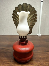 Vintage Wall Mounted Oil Lamp Sconce Wood Red Base White Glass Shade Brass Metal picture