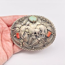 Vintage Navajo Emer Thompson Horses Turquoise Sterling Silver Belt Buckle 1.375