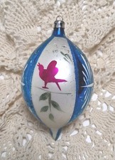 Vtg. Blown Poland Mercury Glass Christmas Ornament Blue Pink Bird Teardrop picture