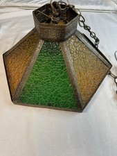 Vintage 70s Swag Lamp Green Amber Slag Crackle Stained Glass Hanging Pendant picture