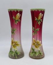 Gorgeous Pair Of ART NOUVEAU Rubina Satin Glass Vase With Beautiful Floral Ename picture