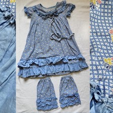 VTG 70s Blue Calico Prairie Dress & Pantaloons Set Girls Holly Hobbie Ruffle 2pc picture