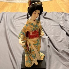 Vintage Japanese Geisha Doll Traditional Kimono 16” on Wooden Base picture