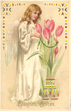 Vtg HOLD-TO-LIGHT Easter Angel Pink Tulips German HTL PC UDB c1906 Rare Unused picture