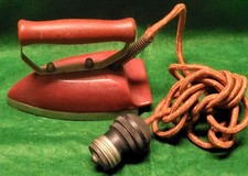 Vintage Antique Child Toy Electric Iron Red Wood Handle Screw Light Plug WORKS picture