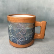 Seminario Made in Peru Hand Painted Clay Pottery Mug w/ Etched Abstract Design picture