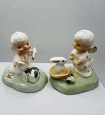Set of 2 VTG Napco 1956 Ceramic Angels Itsy Bitsy Christmas Present Bunny Flower picture