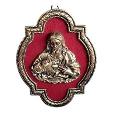 Antique Sacred Heart Jesus Solid Brass Bronze Wall Plaque 12x9