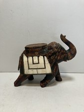 Vintage India Hand Painted Wood Elephant Sculpture White Inlay Raj Rang Decor picture