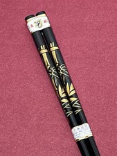 Vintage Wajima-Nuri Style Black Lacquered With Gold & Green Chopsticks JAPAN picture