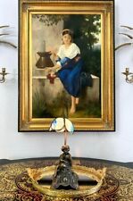 Lamp Bronze Cherub with Blue Stained Glass Shade Old Vintage Collectible  picture