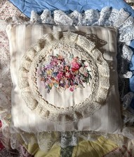 Vintage Ribbonwork Boudoir Throw Pillow  13” Floral Silk Satin Lace Embroidery picture