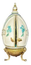 Vintage Decoupage Egg Metal Footed Stand Doors Beaded Floral Faberge Egg Like picture