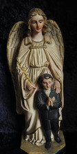 ANTIQUE POLYCHROME PLASTER GUARDIAN ANGEL PROTECTING COMMUNION BOY STATUE picture