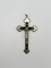 Vintage Antique Budded Crucifix 4.25” L Silver Nickel & Ebony Wood picture