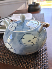 Vintage Japanese Baby Blue / Foral Porcelain Ceramic Teapot with rattan handle picture