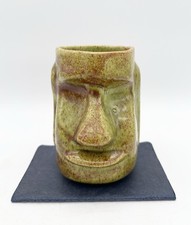 Vintage Hawaii Moai Tiki Mug Green Brown Glazed Ceramic Easter Island Face 5” picture