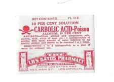 Vintage Carbolic Acid Poison Bottle Label Los Gatos Pharmacy Los Gatos, Ca. picture