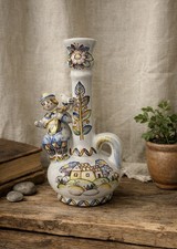 VTG Russian Folk Art Majolica Candlestick Musician Figure Lute Player Ceramic 8” picture