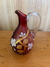 Vintage Cranberry Glass Pitcher Hand Painted White Floral Gold Enameled 5in picture
