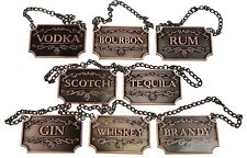 Gorgeous Liquor Decanter Tags Labels Set of 8 Dark Copper w Adjustable Chain picture