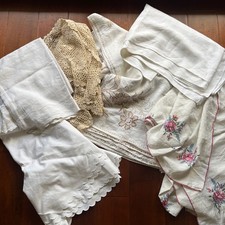 Lot Of 6 Vintage Tablecloths Embroidered Crocheted Damask Scalloped Edges picture