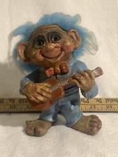 Vintage Hand Carved Wooden Good Luck Trolls RARE BLUE HAIR Guitar Music Figure picture