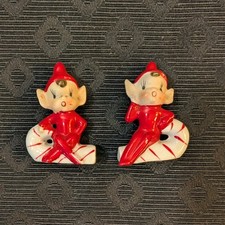Vtg Playful Pixie Elves PAIR on Peppermint Canes Holt Howard 1950s Porcelain picture