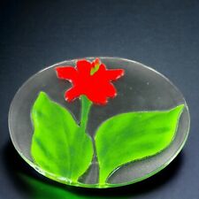Large Round Fused Art Glass Dish Plate Charger With Red Flower And Green Leaves picture