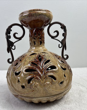 Vintage Pierced Ceramic Art Deco /Candle Holder with Wrought Iron Handles 11” picture
