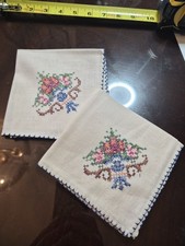 Vintage Linen Napkin Blue Cross Stitch Embroidered Set of two 9” Square Vintage picture