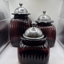 Vintage Artland Amethyst Ribbed Glass Canister Set With Metal Lids 12H, 10h, 8H picture