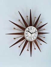 Handmade 16in Mid Century Modern Starburst Wall Clock Walnut Gold Silent Decor picture