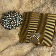 Vintage Gold Tone Striped Square Rhinestone Compact w/ Mirror + Oval Floral picture