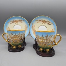 Pair Antique English or German Porcelain Cups & Saucers with Swans and Fountains picture