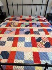 Vintage 1970s Handmade Quilt  Patchwork Fun Retro Fabrics 76” X 62” picture