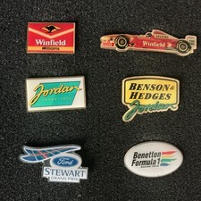 6 Vintage Formula One F1 metal pin badges Stewart,Jordan,Williams,Benetton picture