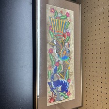 Vintage Mexican Amate Bark Folk Art Painting Birds & Flowers Framed  picture