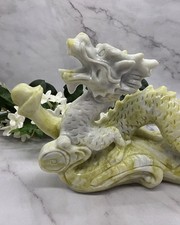 XL Jade Dragon Statue Feng Shui Pearl Serpentine Xiuyan Jade Carving Large Cryst picture