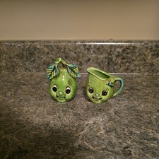 Ceramic Enesco Anthropomorphic Vtg Green Apple Creamer & Toothpick Holder Set picture