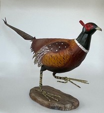 Handcrafted Metal Pheasant Figurine on wood base, H 10 in picture