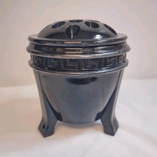 Vtg L.E. Smith Black Amethyst Glass Flower Frog Vase Greek Key Art Deco Tripod picture