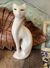 Ceramic White Cat Figurine Statue Siamese Green Eyes Vintage MCM Taiwan Deco picture