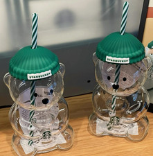 Starbucks Green Hat Barista Teddy Bear Glass Cold Cup Tumbler 2026 America 20oz picture