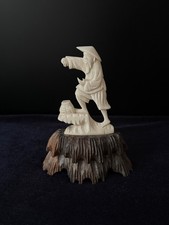 Vintage Carved Bone Figure Chinese Fisherman Sage on Wood Rockery Stand picture