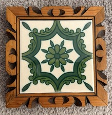Vintage Tile Trivet Mexican Carved Wood Stand Green Counter Saver Pot Holder picture